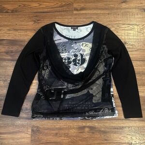 Y2K Black Grey Graphic Print Top Studded Mesh Women Small Goth Grunge Streetwear